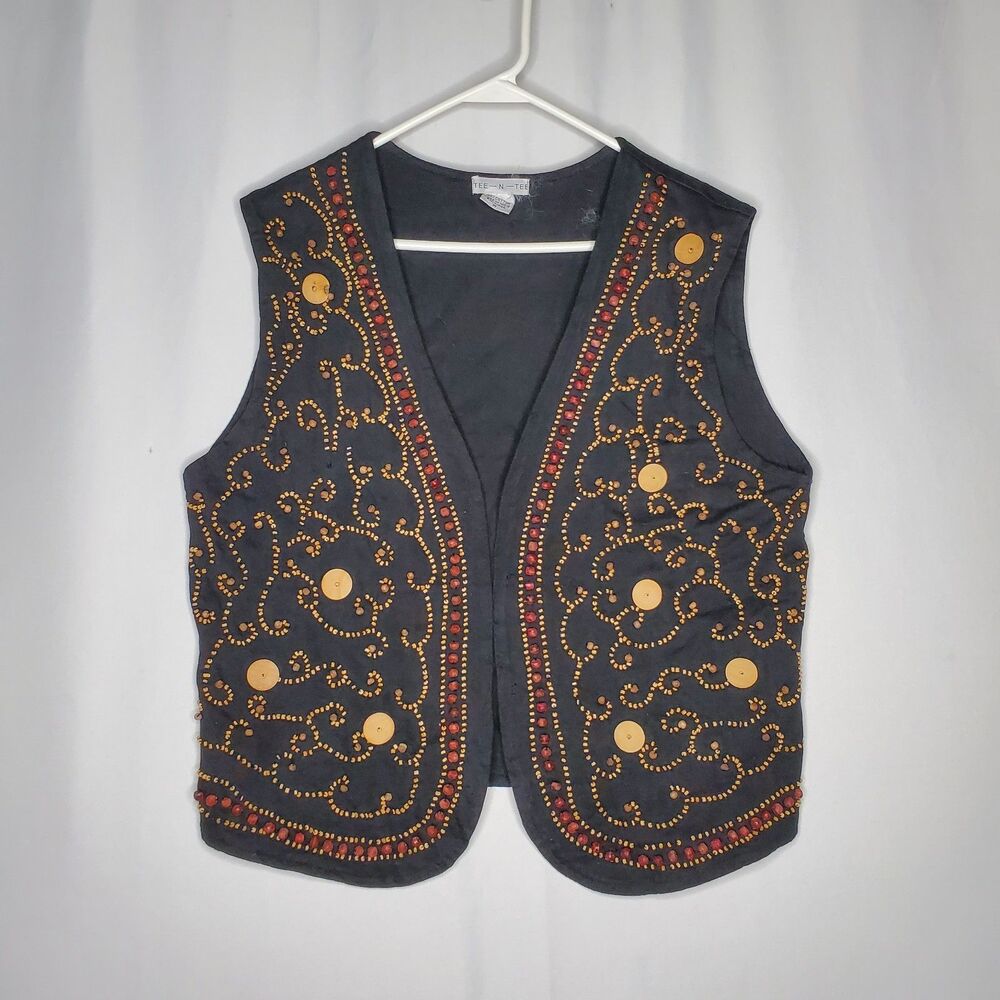 Tee-N-Tee Wood Beaded Vest Women Medium Open Black 90s Boho Grunge Artsy Fairy